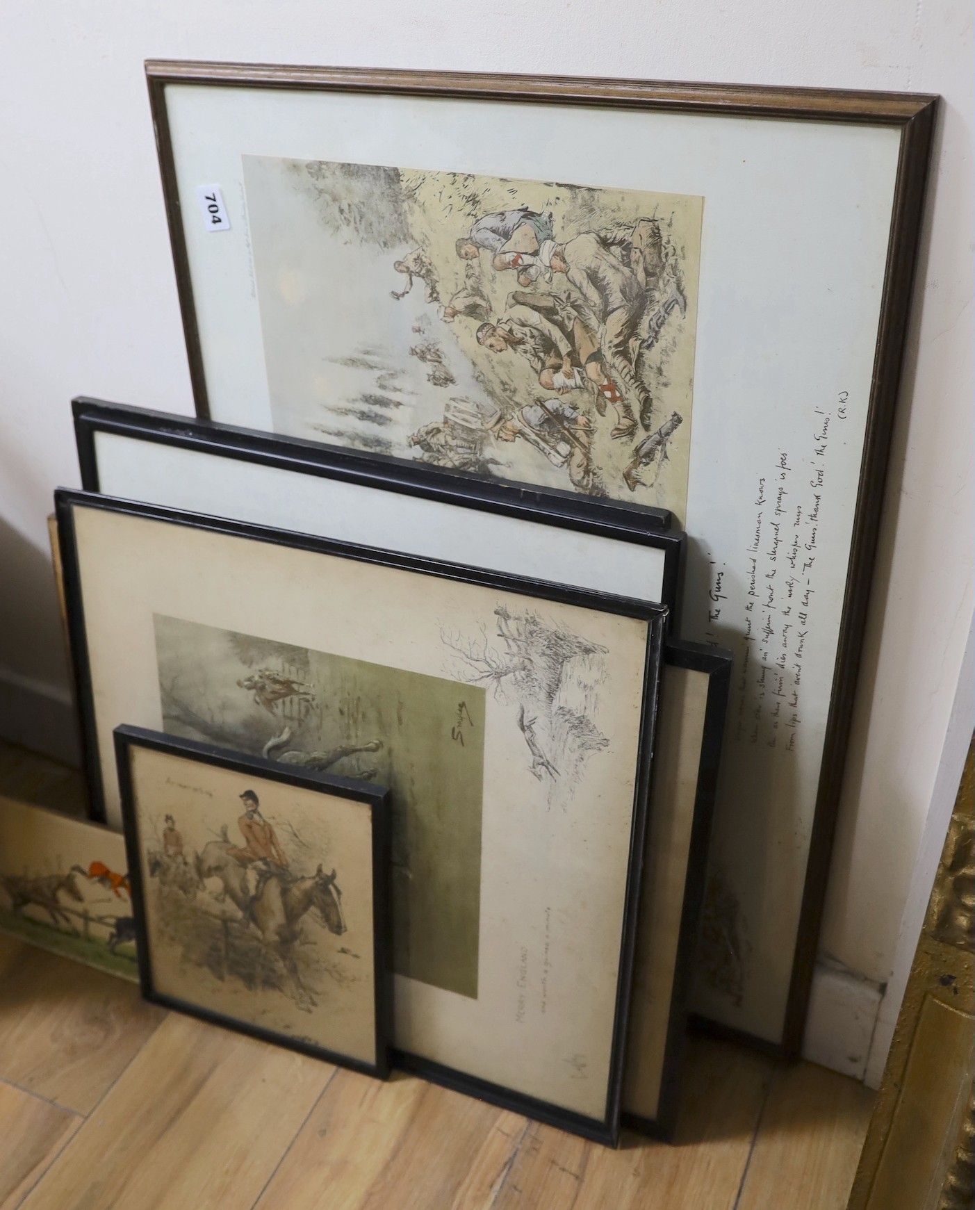 Charles Johnson Payne (Snaffles) five coloured prints, signed in pencil and bit proof stamped two other Snaffles prints and assorted other hunting prints Largest 32x59cm